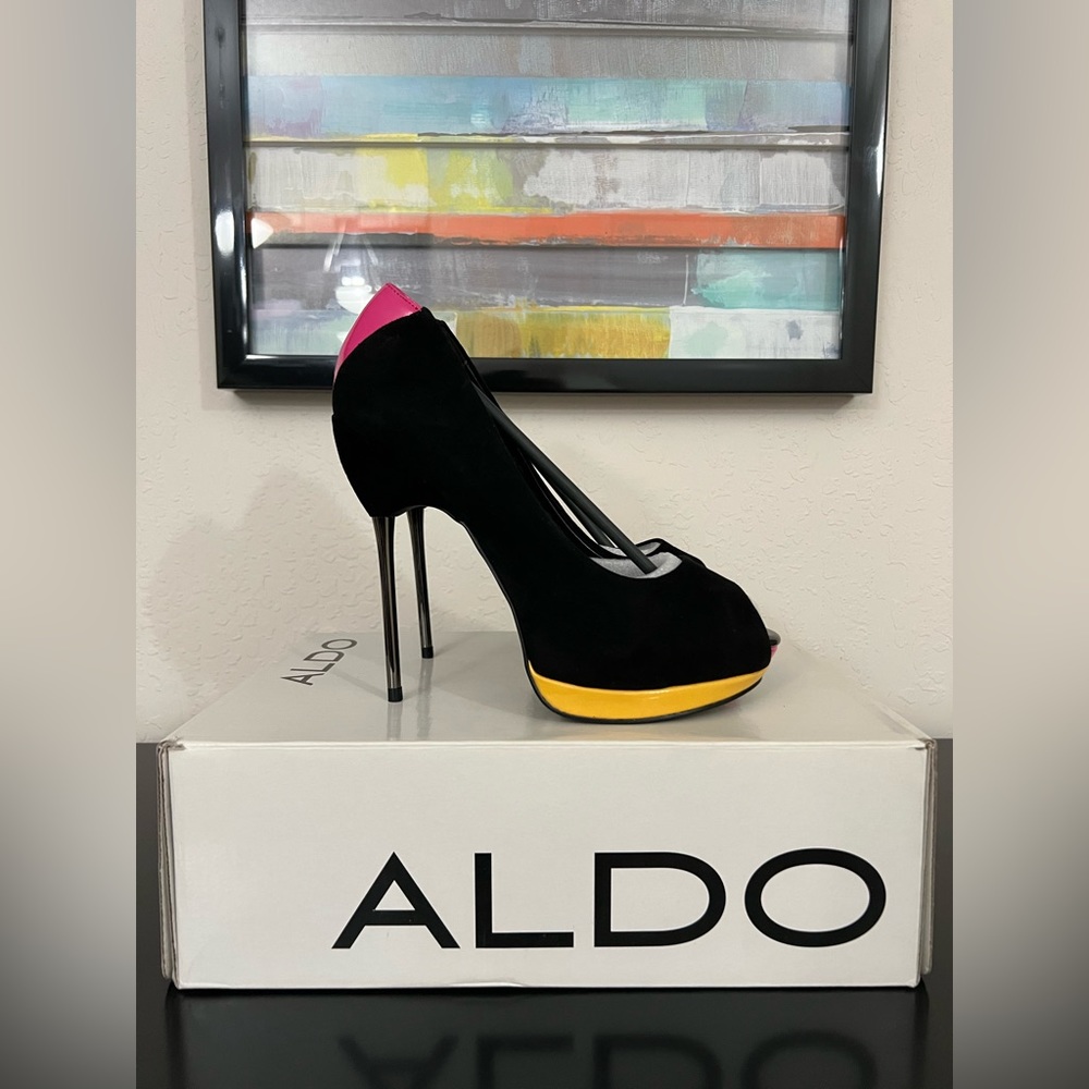 ALDO Deltoro-91 Peep Toe Black Suede Heels w/ Pink & Yellow Faux Leather Size 38